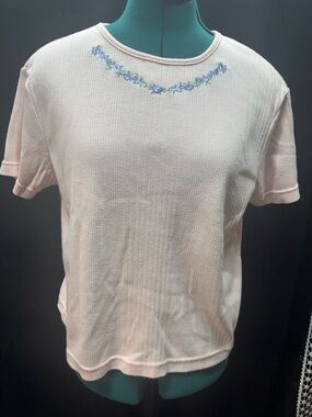 Women's Pale Pink Short Sleeve Knit Top with Blue Embroidered Neckline